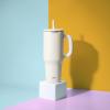 imageZak Designs Sutton Travel Tumbler for On the Go 30oz Stainless Steel with Vacuum Insulation Straw Spout Carry Handle for Cold Drinks Vanilla YellowCream White 40oz