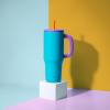 imageZak Designs Sutton Travel Tumbler for On the Go 30oz Stainless Steel with Vacuum Insulation Straw Spout Carry Handle for Cold Drinks Vanilla YellowTurquoise 40oz