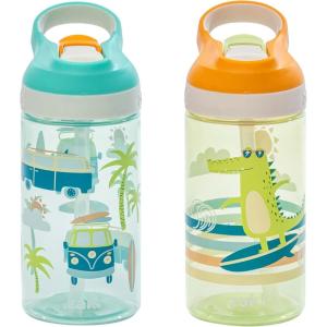 imageZak Designs Sonic the Hedgehog Atlantic Kids Water Bottle For School or Travel 16oz Durable Plastic Water Bottle With Straw Handle and LeakProof Spout Cover 2Pack Sonic Knuckles Tails AmySurf Boards and Palm Trees