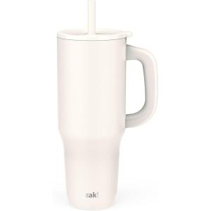 imageZak Designs Sutton Travel Tumbler for On the Go 30oz Stainless Steel with Vacuum Insulation Straw Spout Carry Handle for Cold Drinks Vanilla YellowCream White 40oz