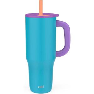 imageZak Designs Sutton Travel Tumbler for On the Go 30oz Stainless Steel with Vacuum Insulation Straw Spout Carry Handle for Cold Drinks Vanilla YellowTurquoise 40oz