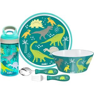 imageZak Designs 5Piece Dinnerware Set Disney Frozen 2  Durable Plastic ampamp Stainless Steel  Includes Water Bottle 8Inch Plate 6Inch Bowl Fork ampamp Spoon  Suitable for Kids Ages 3Dinosaur