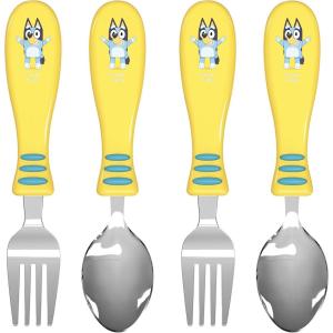 imageZak Designs Bluey Kid Flatware Fun Character Art on Both Utensils Non Slip Fork and Spoon Set is Perfect for Encouraging Picky Eaters to Finish Their Plates 2 pack 4 PCSBluey