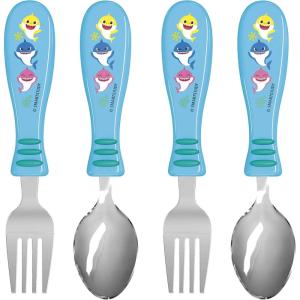 imageZak Designs Bluey Kid Flatware Fun Character Art on Both Utensils Non Slip Fork and Spoon Set is Perfect for Encouraging Picky Eaters to Finish Their Plates 2 pack 4 PCSBaby Shark