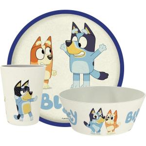 imageZak Designs Kids Dinnerware Set 3 Pieces Durable and Sustainable Melamine Bamboo Plate Bowl and Tumbler are Perfect For Dinner Time With Family DogBluey