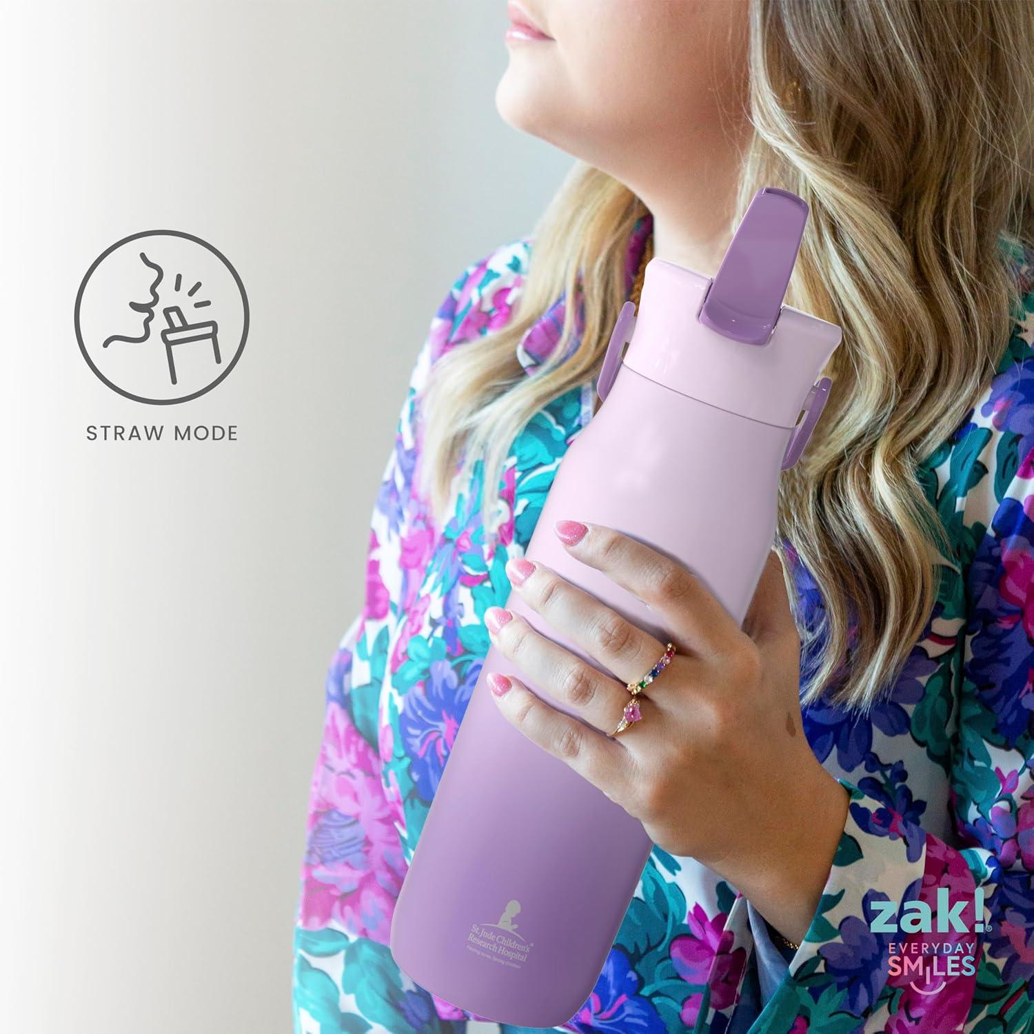 imageZak Designs Harmony Water Bottle Benefiting St Jude For Travel or At Home 32oz Stainless Steel is LeakProof When Closed and Vacuum Insulated with Straw Lid and Carry Handle Purple OmbreSt Jude Strawberry