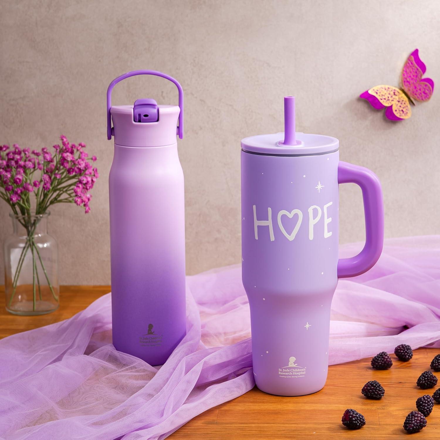imageZak Designs Harmony Water Bottle Benefiting St Jude For Travel or At Home 32oz Stainless Steel is LeakProof When Closed and Vacuum Insulated with Straw Lid and Carry Handle Purple OmbreSt Jude Purple Ombre