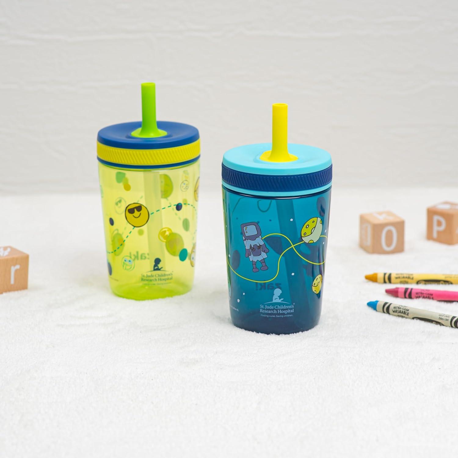 imageZak Designs Kelso Toddler Tumblers Benefiting St Jude For Travel or At Home 15oz 2Pack Durable Plastic Sippy Cups With LeakProof Design is Perfect For Kids Floral and CactusSt Jude Space and Smiles