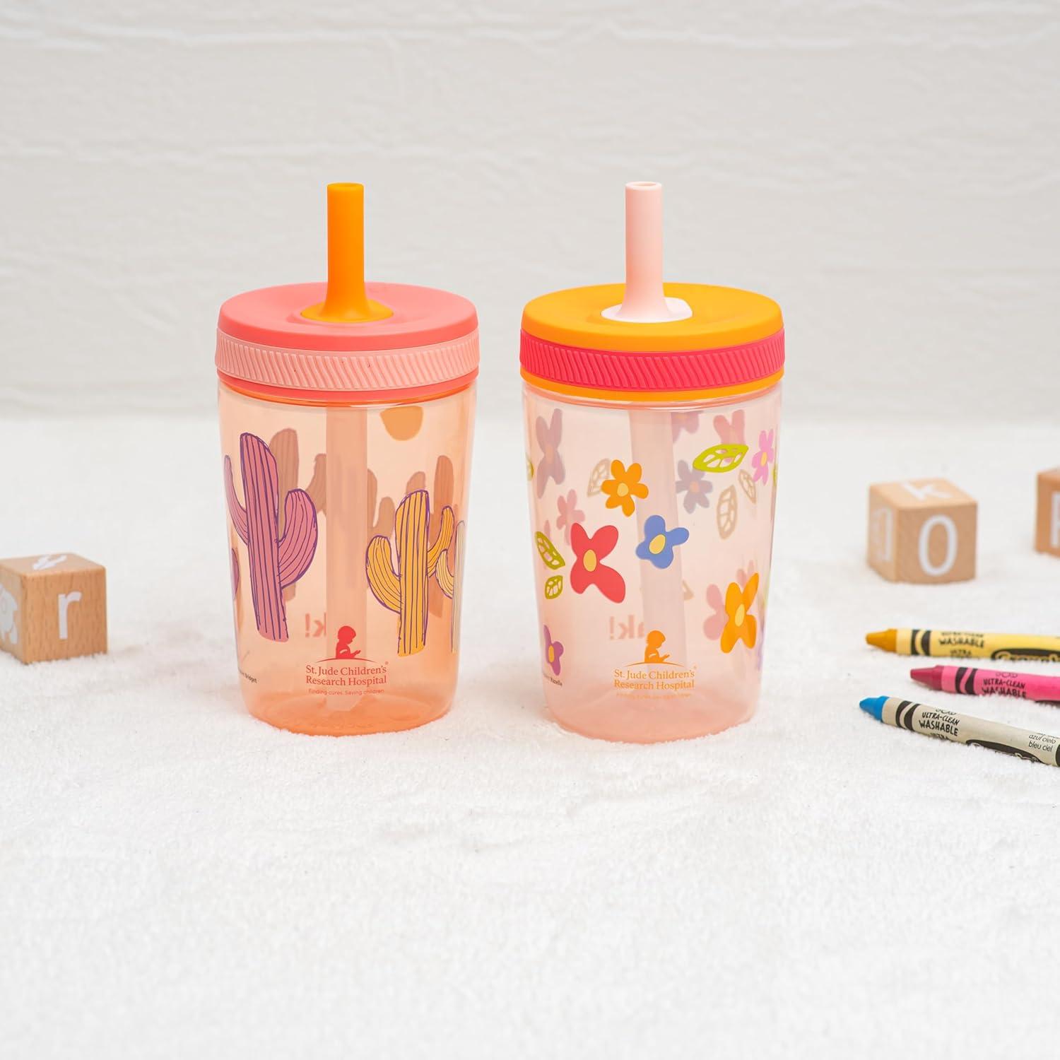 imageZak Designs Kelso Toddler Tumblers Benefiting St Jude For Travel or At Home 15oz 2Pack Durable Plastic Sippy Cups With LeakProof Design is Perfect For Kids Floral and CactusSt Jude Floral and Cactus