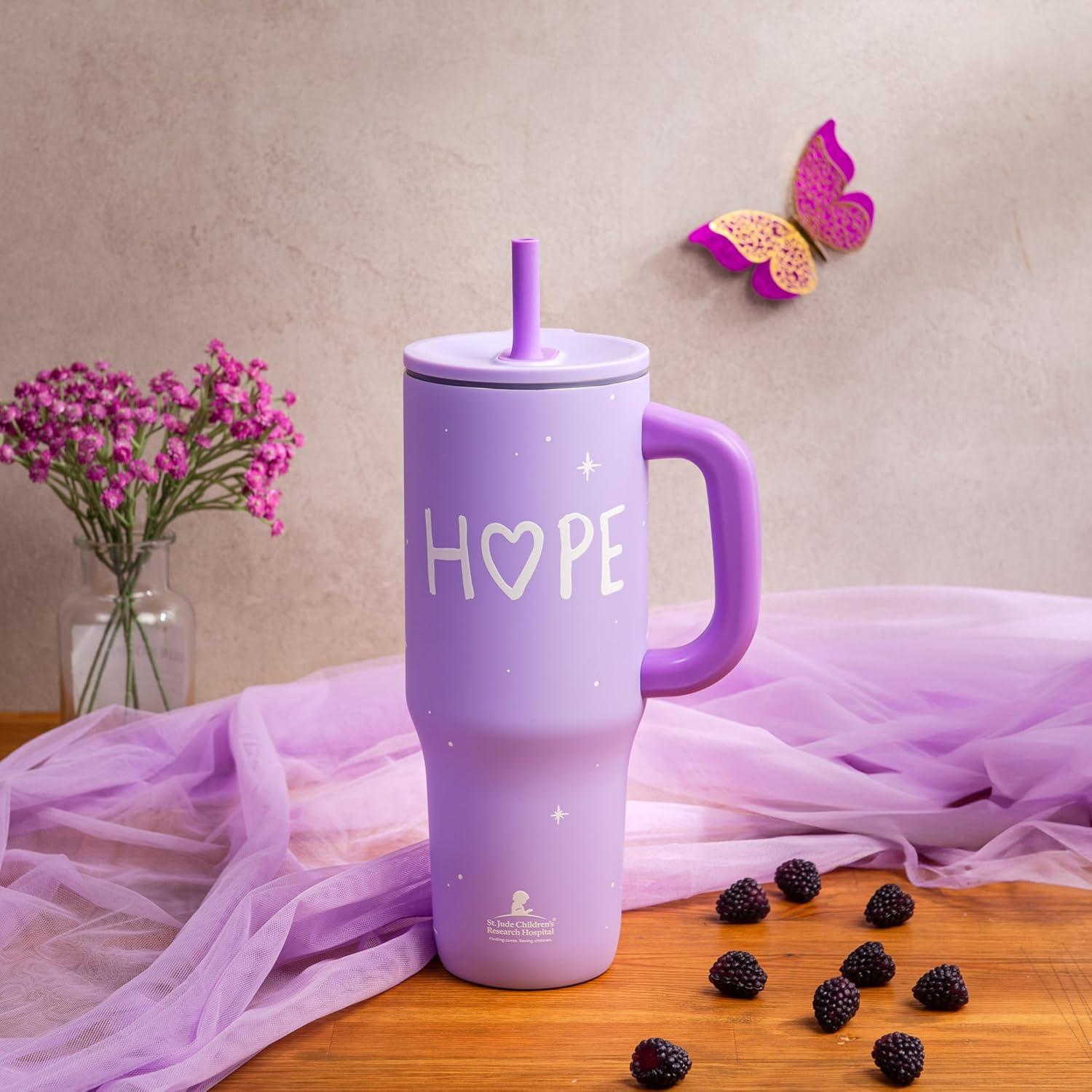 imageZak Designs Sutton Travel Tumbler Benefiting St Jude For On the Go 40oz Stainless Steel with Vacuum Insulation Silicone Straw and Carry Handle for Cold Drinks HopeSt Jude Hope
