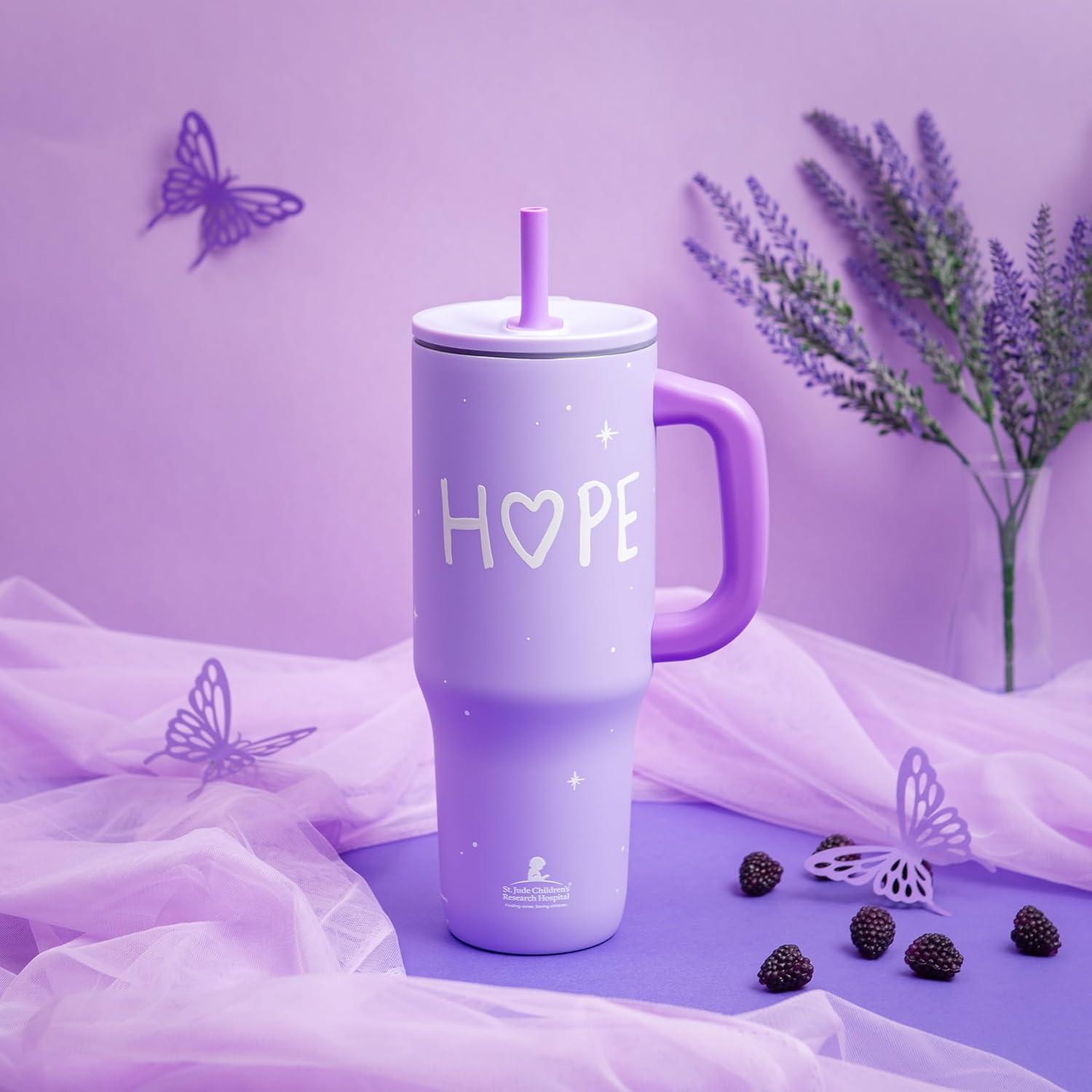 imageZak Designs Sutton Travel Tumbler Benefiting St Jude For On the Go 40oz Stainless Steel with Vacuum Insulation Silicone Straw and Carry Handle for Cold Drinks HopeSt Jude Hope