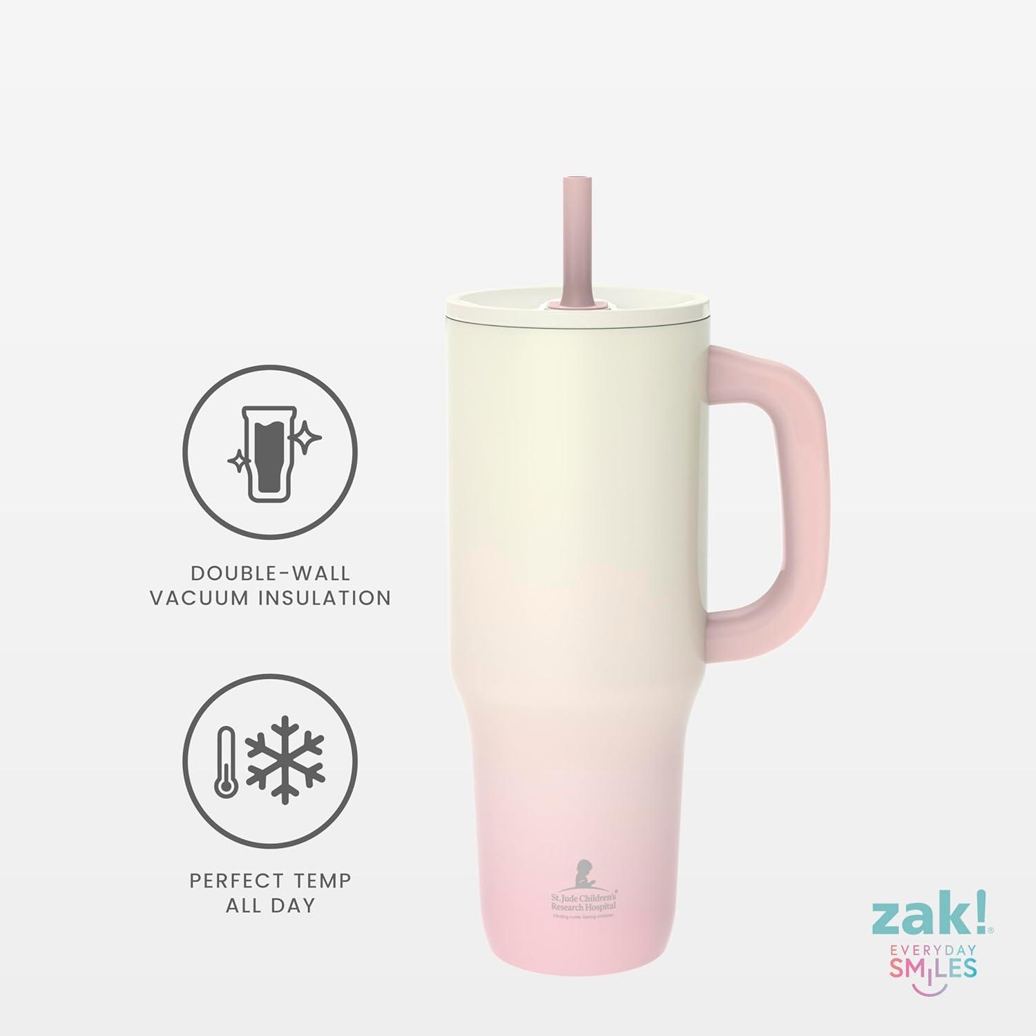 imageZak Designs Sutton Travel Tumbler Benefiting St Jude For On the Go 40oz Stainless Steel with Vacuum Insulation Silicone Straw and Carry Handle for Cold Drinks HopeSt Jude Pink Ombre