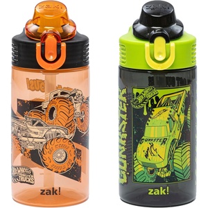 image:imageZak Designs Sesame Street Sage Kids Water Bottle For School or Travel 16oz Durable Plastic Water Bottle With Straw Handle and LeakProof PopUp Spout Cover 2Pack Set Elmo amp FriendsHot Wheels Monster Trucks